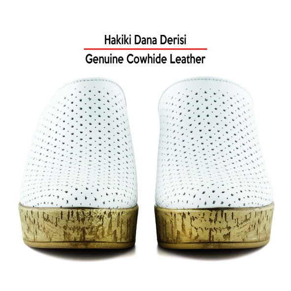 Erkan Saçmacı Aria Beyaz Hakiki Dana Derisi Önü Kapalı Mantar Taban Görünümlü Dolgu Topuklu Terlik - 4