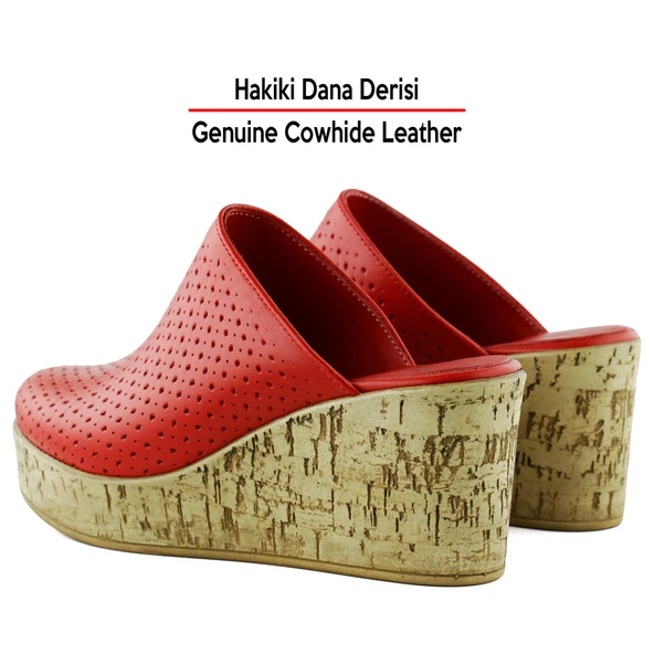 Erkan Saçmacı Aria Kırmızı Hakiki Dana Derisi Önü Kapalı Mantar Taban Görünümlü Dolgu Topuklu Terlik - 5