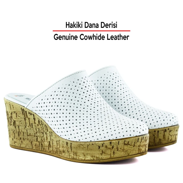 Erkan Saçmacı Aria Beyaz Hakiki Dana Derisi Önü Kapalı Mantar Taban Görünümlü Dolgu Topuklu Terlik - 3