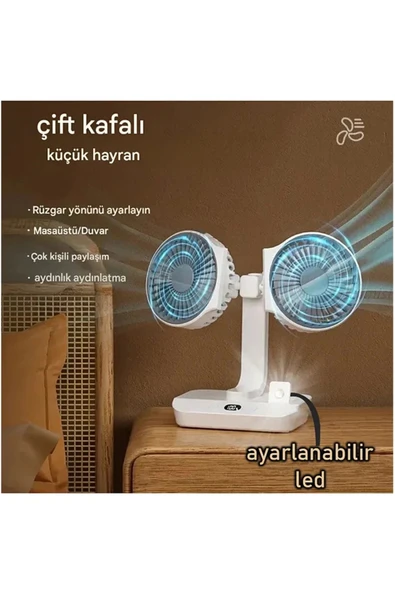 Masaüstü Dijital Ekranlı Çift Fanlı Led Işıklı Soğutucu Fan Ev Ofis Şarjlı Vantilatör - 6