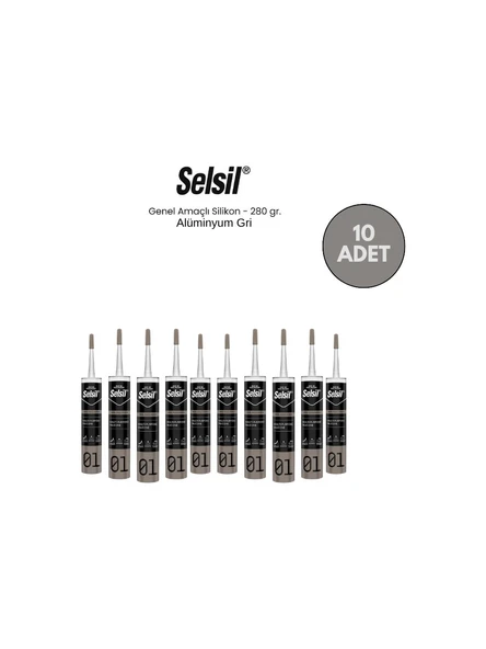 Selsil Genel Amaçlı Alüminyum Gri Silikon 280 Gr. - 10 Adet ürün görseli