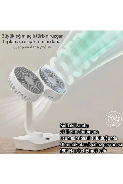 Masaüstü Dijital Ekranlı Çift Fanlı Led Işıklı Soğutucu Fan Ev Ofis Şarjlı Vantilatör - 4