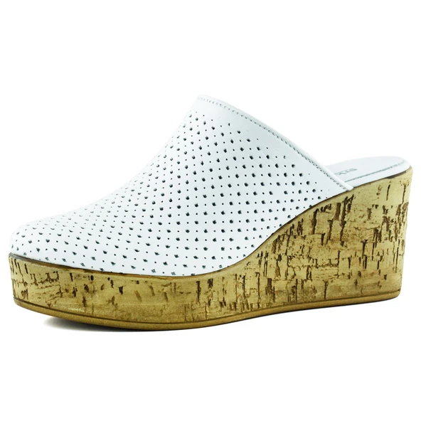 Erkan Saçmacı Aria Beyaz Hakiki Dana Derisi Önü Kapalı Mantar Taban Görünümlü Dolgu Topuklu Terlik