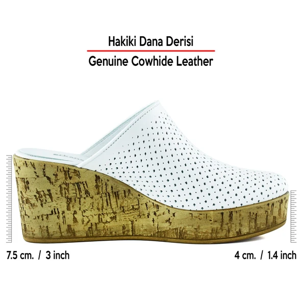 Erkan Saçmacı Aria Beyaz Hakiki Dana Derisi Önü Kapalı Mantar Taban Görünümlü Dolgu Topuklu Terlik - 2