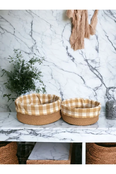 Liya Bella 2'li Kahverengi Pötikareli Sepet - Mutfak Organizer Seti - Cotton Basket 24 Ve 28 Cm Ölçülerinde ürün görseli