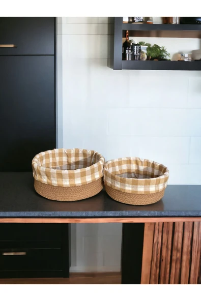 Liya Bella 2'li Kahverengi Pötikareli Sepet - Mutfak Organizer Seti - Cotton Basket 24 Ve 28 Cm Ölçülerinde - Resim 3