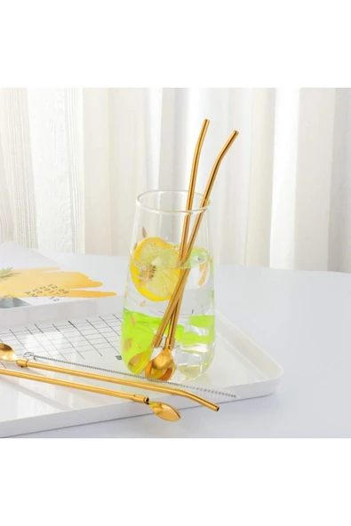 Tomurcukhome 6'lı Gold Pipetli Latte Kaşığı Kokteyl Kaşığı Ve Temizleme Fırçası, 22 Cm Yuvarlak Model - 4