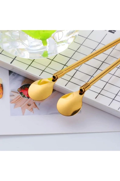 Tomurcukhome 6'lı Gold Pipetli Latte Kaşığı Kokteyl Kaşığı Ve Temizleme Fırçası, 22 Cm Yuvarlak Model - 5