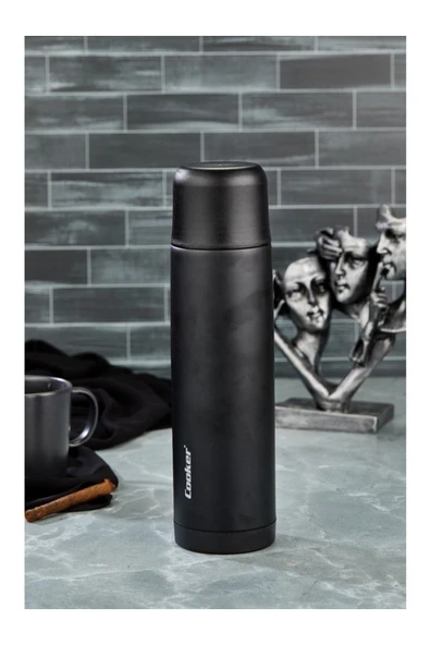 Elista Paslanmaz Çelik Black 0,750 ml Piknik Kamp Okul Servis ve Ikram Için Su Meşrubat Çay Termos Piknik - 3