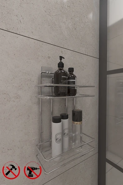 Elista Ömür Boyu Paslanmaz Yapışkanlı Krom 2 Katlı Düz Banyo Şampuanlık Delmeye Son, Matkap Vida Yok ürün görseli