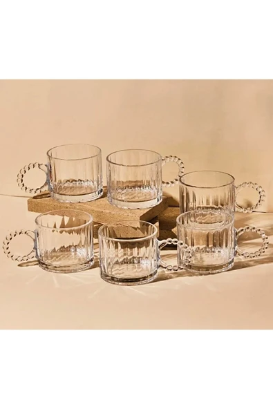 Paşham AVM PAŞHAM AVM 6 Lı Boncuklu Kulplu Cam Kupa 300 ml |  Boncuk Cam Kupa Meşrubat Bardağı - 4