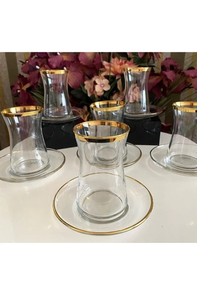 Paşabahçe 12 Parça Heybeli Gerçek Gold Yaldızlı Çay Bardağı Seti - 1
