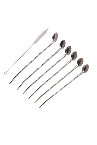 Elista Krom Pipetli Latte Kaşığı Kokteyl Kaşığı Ve Temizleme Fırçası, 22 Cm 6'lı Paslanmaz  Yaprak Model - 2