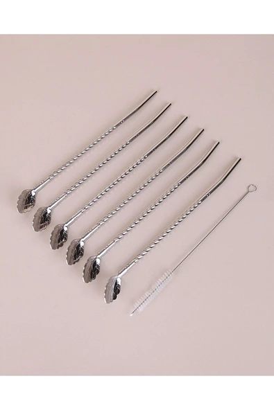 Elista Krom Pipetli Latte Kaşığı Kokteyl Kaşığı Ve Temizleme Fırçası, 22 Cm 6'lı Paslanmaz  Yaprak Model - 1
