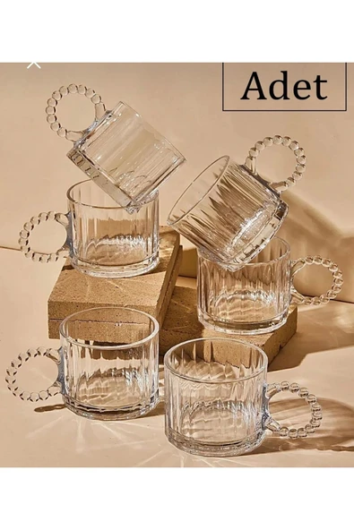 Paşham AVM PAŞHAM AVM 6 Lı Boncuklu Kulplu Cam Kupa 300 ml |  Boncuk Cam Kupa Meşrubat Bardağı - 2