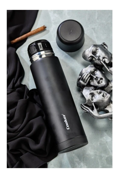 Elista Paslanmaz Çelik Black 0,750 ml Piknik Kamp Okul Servis ve Ikram Için Su Meşrubat Çay Termos Piknik