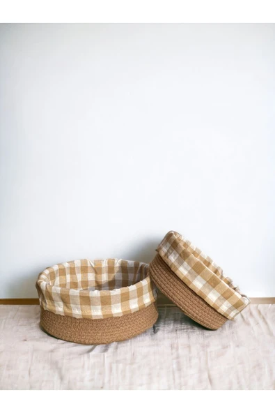 Liya Bella 2'li Kahverengi Pötikareli Sepet - Mutfak Organizer Seti - Cotton Basket 24 Ve 28 Cm Ölçülerinde - Resim 4