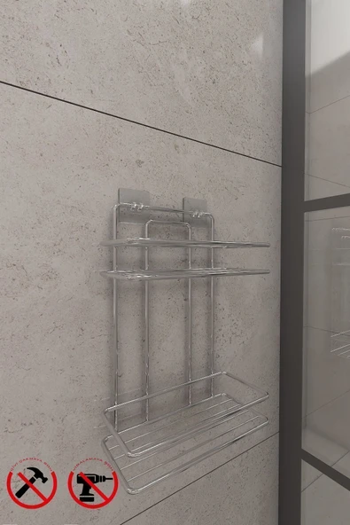 Elista Ömür Boyu Paslanmaz Yapışkanlı Krom 2 Katlı Düz Banyo Şampuanlık Delmeye Son, Matkap Vida Yok - Resim 2