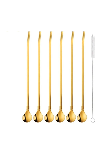 Tomurcukhome 6'lı Gold Pipetli Latte Kaşığı Kokteyl Kaşığı Ve Temizleme Fırçası, 22 Cm Yuvarlak Model - 1