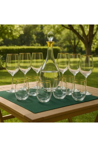 Elista Gold 25 Parça Bardak Seti 12 Kişilik 12 adet su bardak 12 adet ayaklı bardak 1 adet şişe