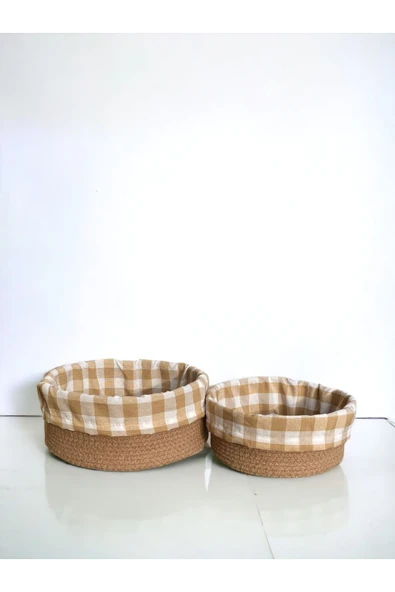 Liya Bella 2'li Kahverengi Pötikareli Sepet - Mutfak Organizer Seti - Cotton Basket 24 Ve 28 Cm Ölçülerinde - Resim 5