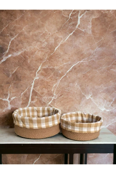 Liya Bella 2'li Kahverengi Pötikareli Sepet - Mutfak Organizer Seti - Cotton Basket 24 Ve 28 Cm Ölçülerinde - Resim 2