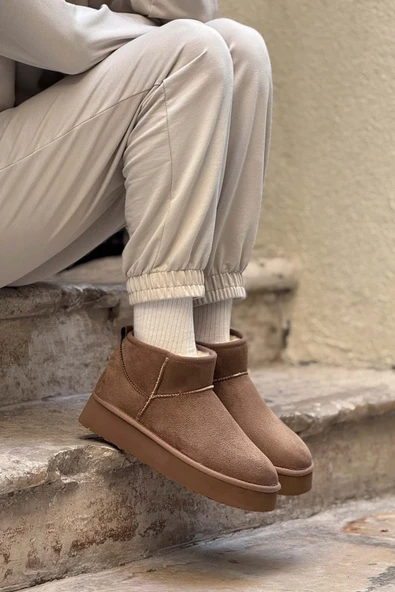 Nisantasi Shoes MİNİ KOYU BEJ SÜET İÇİ KÜRKLÜ KALIN TABAN KADIN BOT - Resim 4