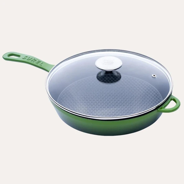 SÜREL DÖKÜM 28 CM YUVARLAK CAM KAPAKLI TAVA KOYU YEŞİL