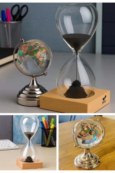 Ofis Masa Üstü Hediyelik Manyetik Ahşap Kum Saati ve Kristal Renkli Cam Dünya Küre Ofis Hediye Seti ürün görseli 1