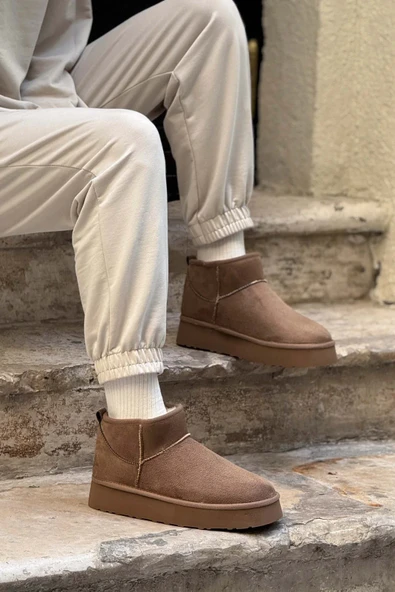Nisantasi Shoes MİNİ KOYU BEJ SÜET İÇİ KÜRKLÜ KALIN TABAN KADIN BOT - Resim 3