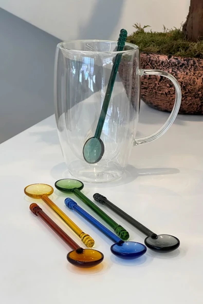 İronika 6lı Renkli Cam Kaşık Borosilikat Isıya Dayanıklı Özel Tasarım Çay Kahve Tatlı Kaşığı Yuvarlak - 2