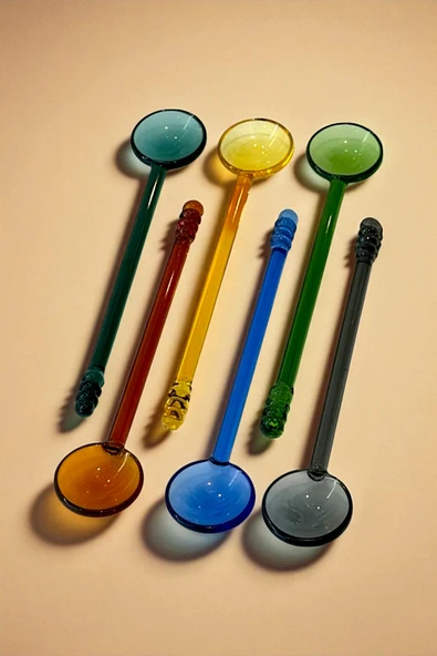 İronika 6lı Renkli Cam Kaşık Borosilikat Isıya Dayanıklı Özel Tasarım Çay Kahve Tatlı Kaşığı Yuvarlak