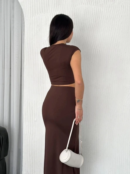 Osy Modal Yumuşak Dokulu Kumaş Büzgülü Crop Etek Takım -Kahverengi - 3