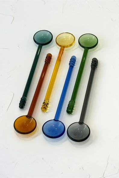 İronika 6lı Renkli Cam Kaşık Borosilikat Isıya Dayanıklı Özel Tasarım Çay Kahve Tatlı Kaşığı Yuvarlak - 3