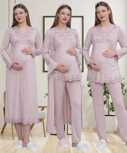 Mecit 1519 Hamile Lohusa Gül Kurusu Sabahlık Gecelik Pijama Seti - Resim 6
