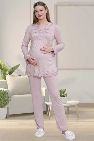 Mecit 1519 Hamile Lohusa Gül Kurusu Sabahlık Gecelik Pijama Seti - Resim 8