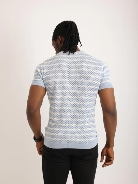 Erkek Mavi Desenli Triko Tişört – Kısa Kollu, Slim Fit - Resim 5