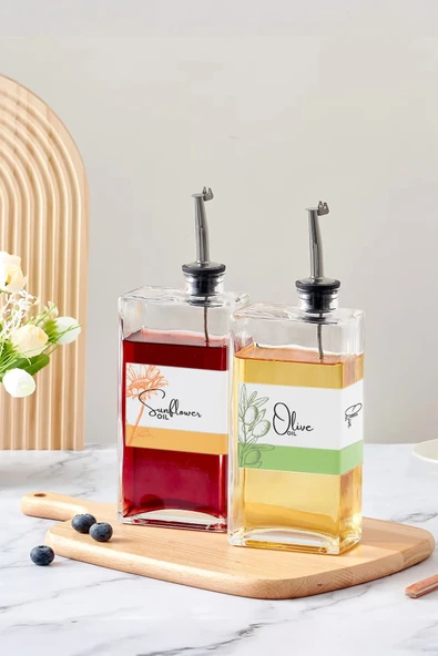 İronika 2 li Etiketli Dekoratif Cam Yağdanlık Sirkelik Sosluk Ayçiçek Zeytinyağı Saklama Kabı 500ml