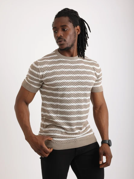 Erkek Bej Desenli Triko Tişört – Kısa Kollu, Slim Fit - Resim 5