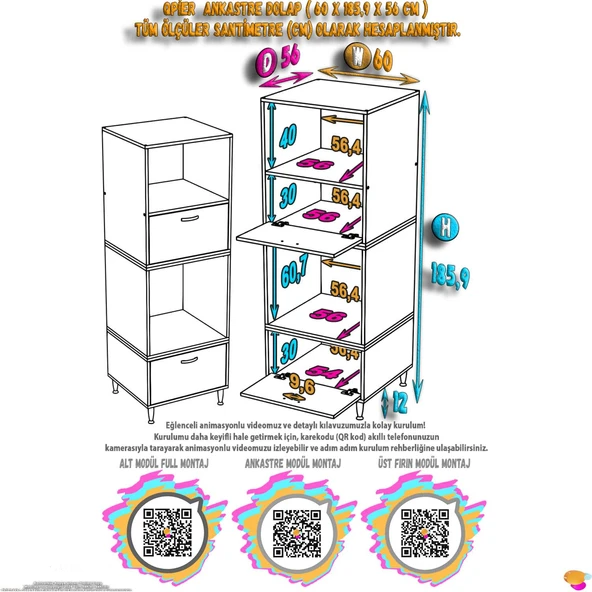 Modilayn QPİER Ankastre Dolap (60x185,9x56 cm): 2 Kapaklı Mini/Midi Mikrodalga Fırın Dolabı - Resim 4