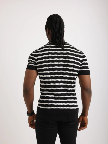 Erkek Siyah Desenli Triko Tişört – Kısa Kollu, Slim Fit - 5
