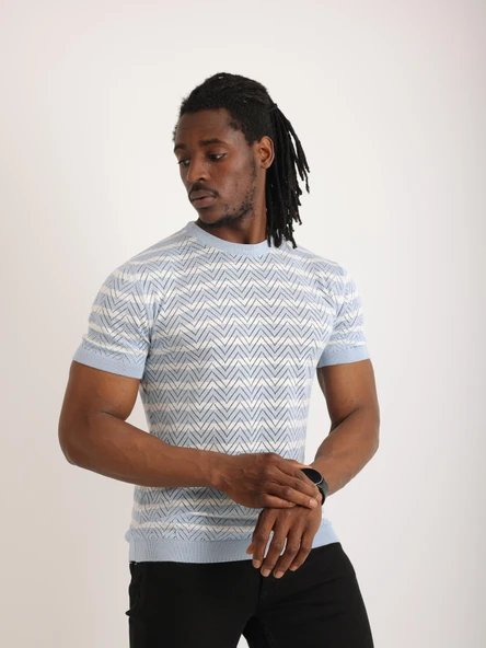 Erkek Mavi Desenli Triko Tişört – Kısa Kollu, Slim Fit - Resim 4