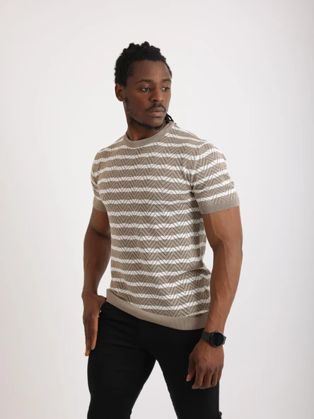 Erkek Bej Desenli Triko Tişört – Kısa Kollu, Slim Fit - Resim 4