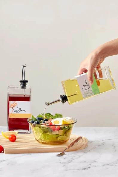 İronika 2 li Etiketli Dekoratif Cam Yağdanlık Sirkelik Sosluk Ayçiçek Zeytinyağı Saklama Kabı 500ml - 2