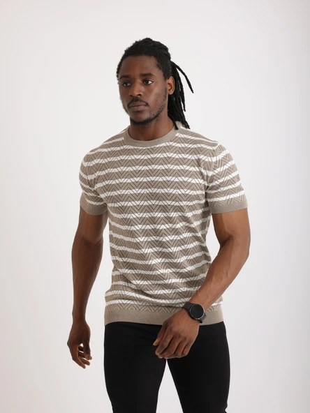 Erkek Bej Desenli Triko Tişört – Kısa Kollu, Slim Fit - Resim 3