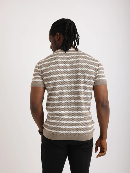 Erkek Bej Desenli Triko Tişört – Kısa Kollu, Slim Fit - Resim 6
