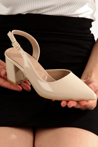 Verlik Ten Rugan Kısa Kalın Topuklu Stiletto Asimetrik Bantlı Kadın Ayakkabı - Resim 5