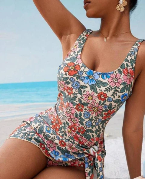 Çiçek Desenli Kaplı Astarlı Slip ve Mayo - 3