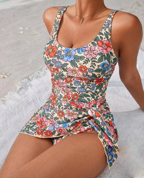 Çiçek Desenli Kaplı Astarlı Slip ve Mayo