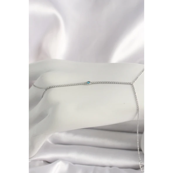 Pirinç Gümüş Renk Su Yolu Zirkon Taşlı Mavi Taş Detaylı Kadın Şahmeran - Tj-sn620